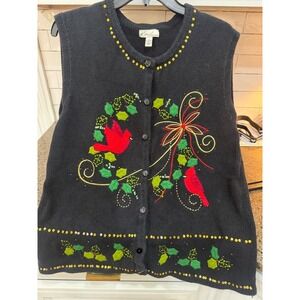 kim rogers black‎ cardigan vest sweater large embroidered cardinals